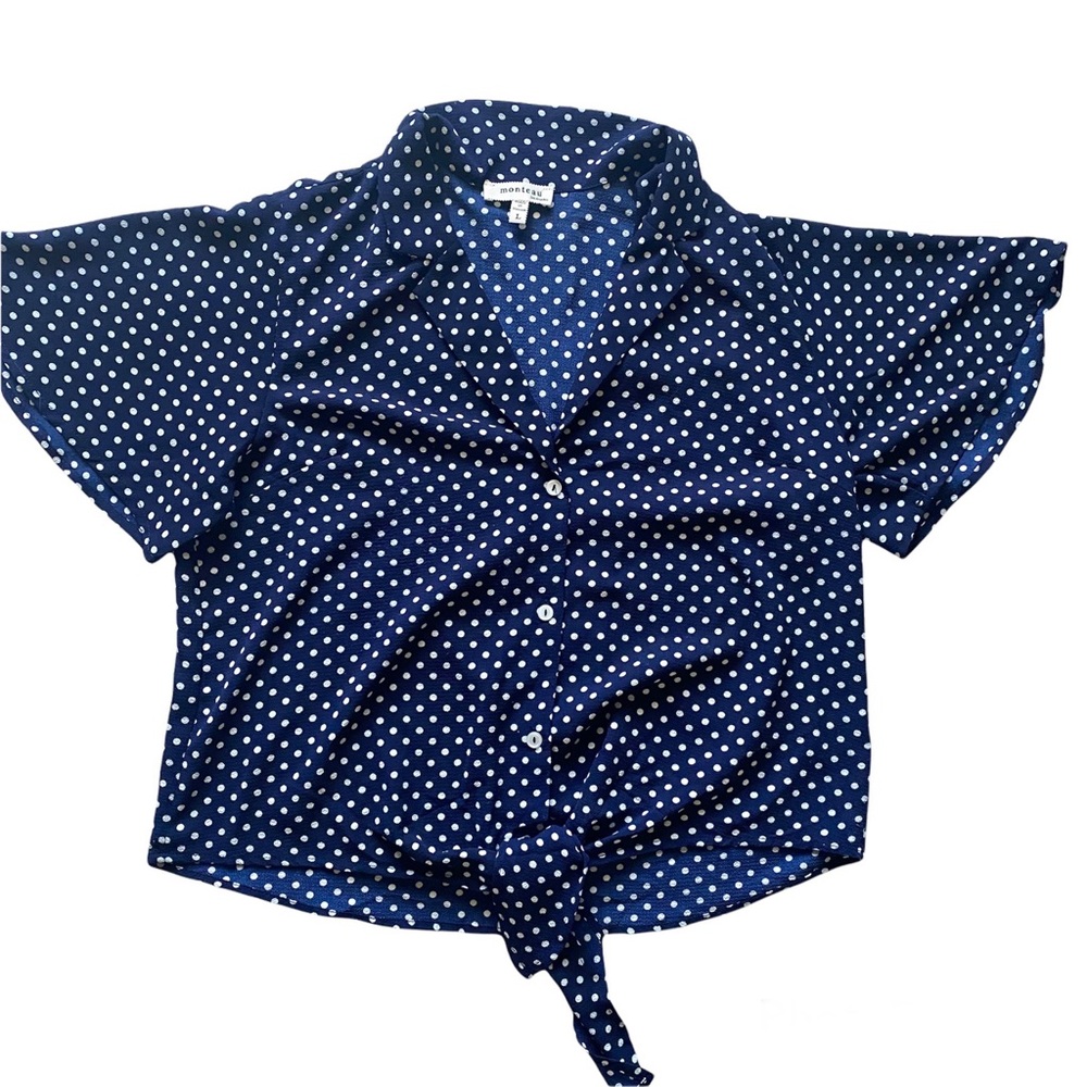 5/$25 Blue polka dot front tie crop button up